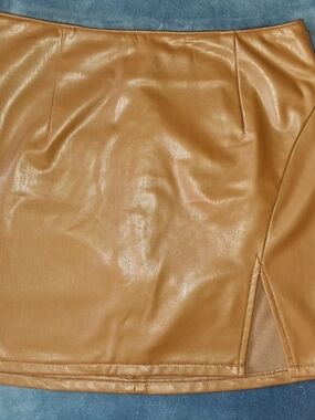 REWASH Faux Leather Mini Skirt Brown Zip Closure Slit Lined Women Size M